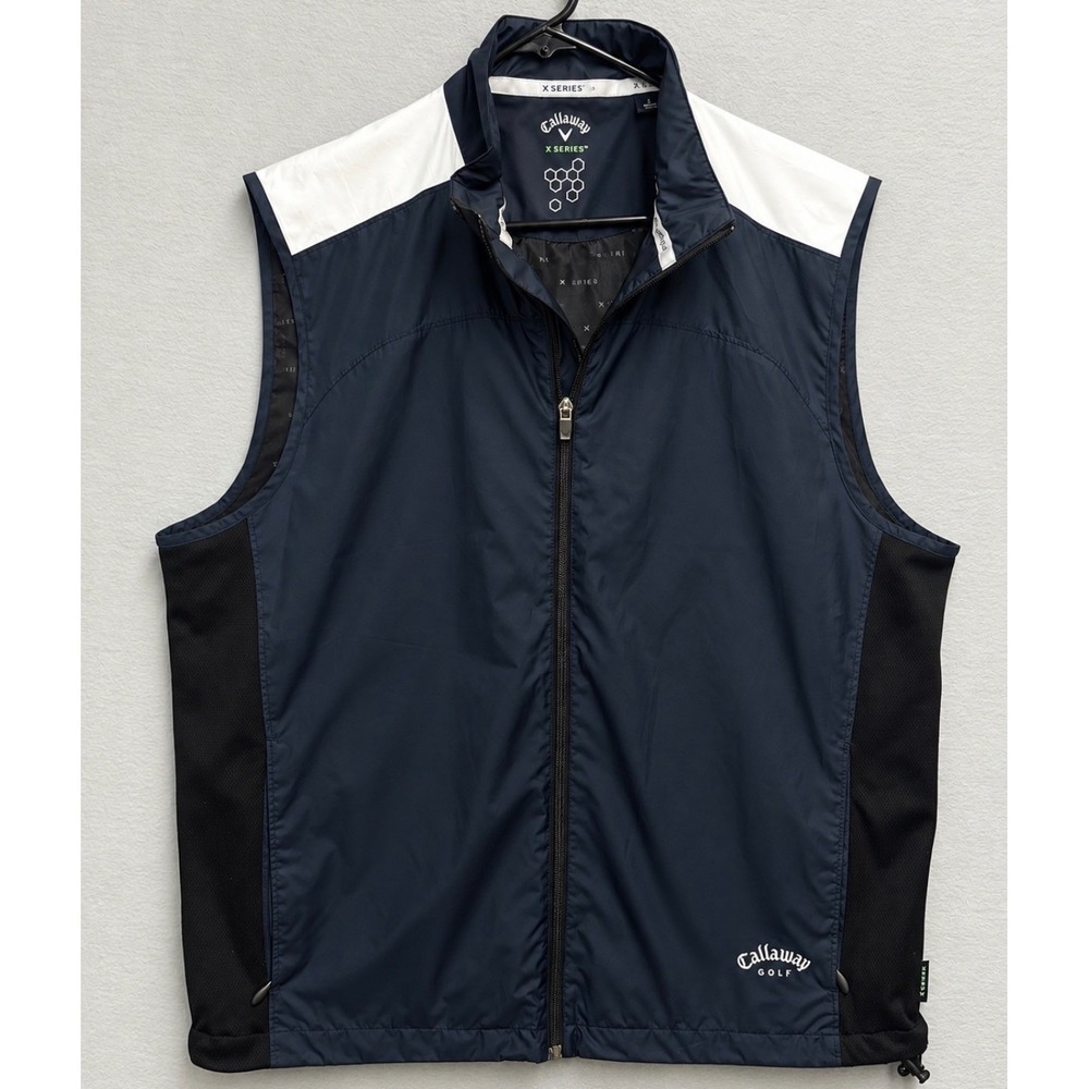 Callaway Golf X Series Mens Large Full Zip Vest Navy Blue White Colorblock Mesh
